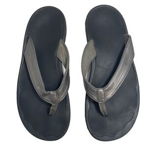 Olukai Ohana Beach Sandals Pewter Black Leather Thong Sandals Womens 9 EU‎ 39